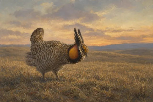 Greater Prairie-Chicken on Lek, oil-painting-style print