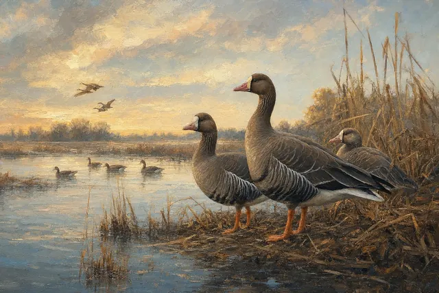 Greater White-fronted Geese at Dawn, oil-painting-style print
