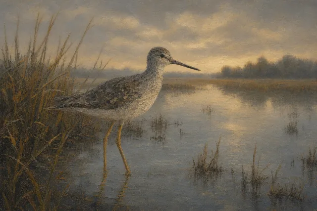 Greater Yellowlegs in Reflective Water, oil-painting-style print