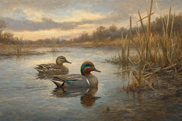 Green-winged Teal Pair in Shallow Marsh, oil-painting-style print