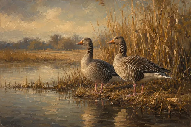 Greylag Geese at Reedbed Edge, oil-painting-style print