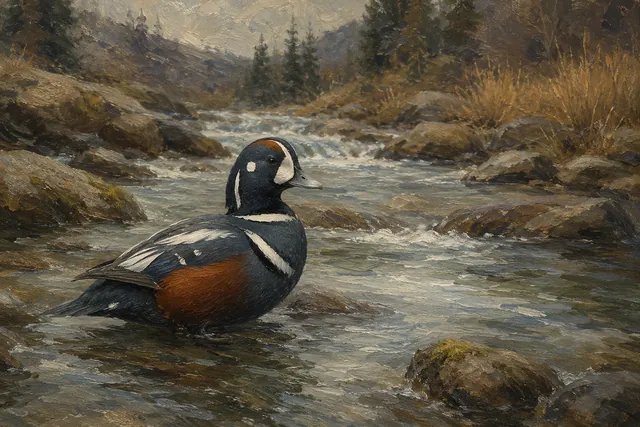 Harlequin Duck on Rocky Stream, oil-painting-style print