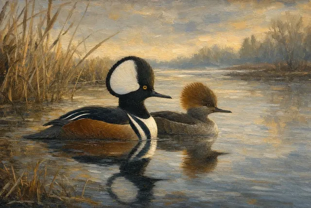 Hooded Merganser Pair in Quiet Creek, oil-painting-style print