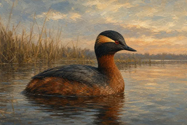 Horned Grebe in Breeding Plumage, oil-painting-style print