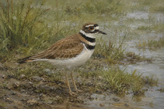 Killdeer at Wet Meadow Edge, oil-painting-style print