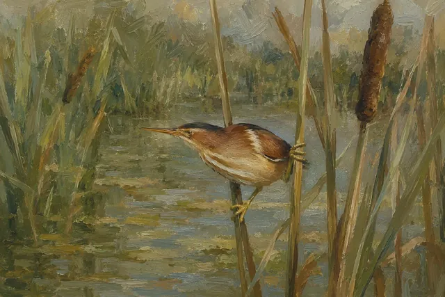 Least Bittern Among Cattails, oil-painting-style print
