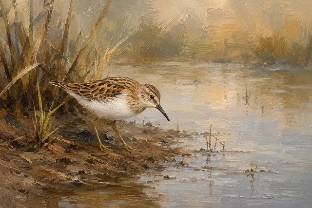 Least Sandpiper at Marsh Pool, oil-painting-style print