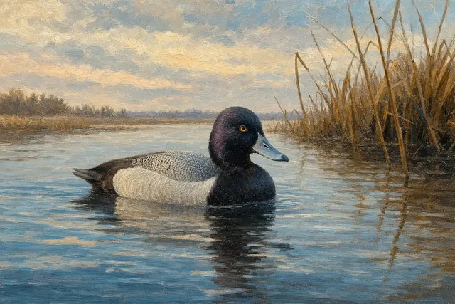 Lesser Scaup on Blue Water, oil-painting-style print