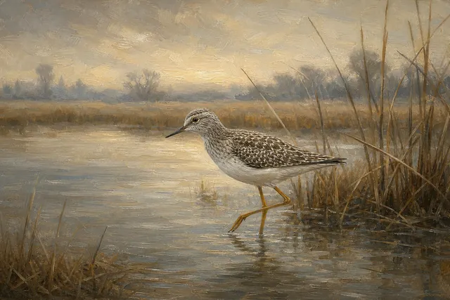 Lesser Yellowlegs in Morning Mist, oil-painting-style print