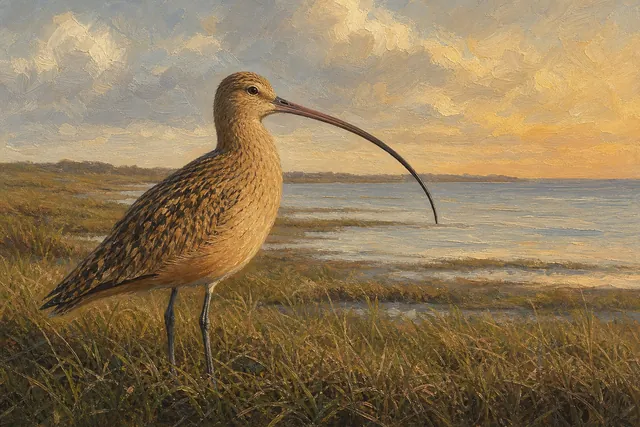 Long-billed Curlew on Coastal Plain, oil-painting-style print