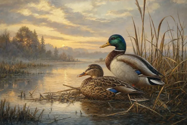 Mallard Pair in Morning Reeds, oil-painting-style print