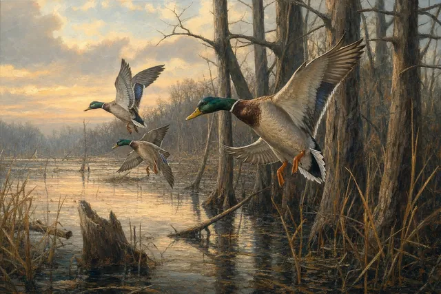 Mallards Coming Into Timber, oil-painting-style print