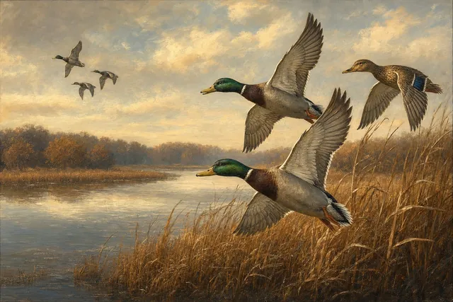 Mallards Over Golden Marsh, oil-painting-style print