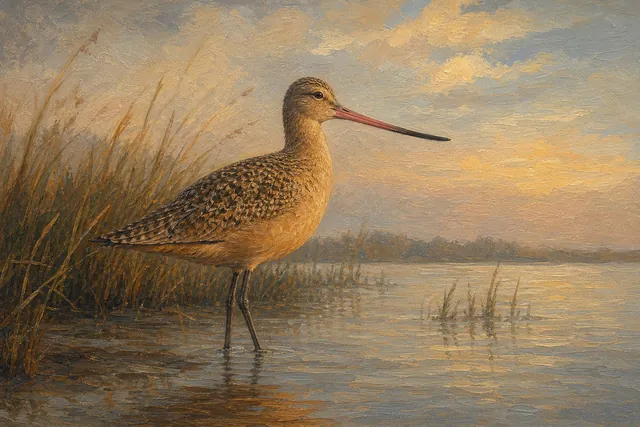 Marbled Godwit in Warm Shore Light, oil-painting-style print