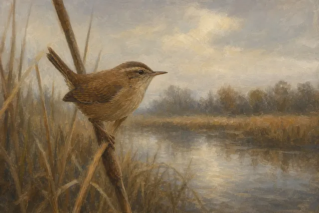 Marsh Wren on Cattail Stem, oil-painting-style print