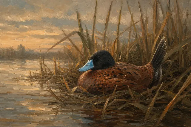 Masked Duck in Southern Reeds, oil-painting-style print