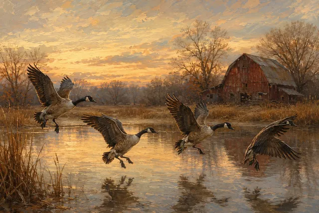 Migration Over the Old Farm Pond, oil-painting-style print