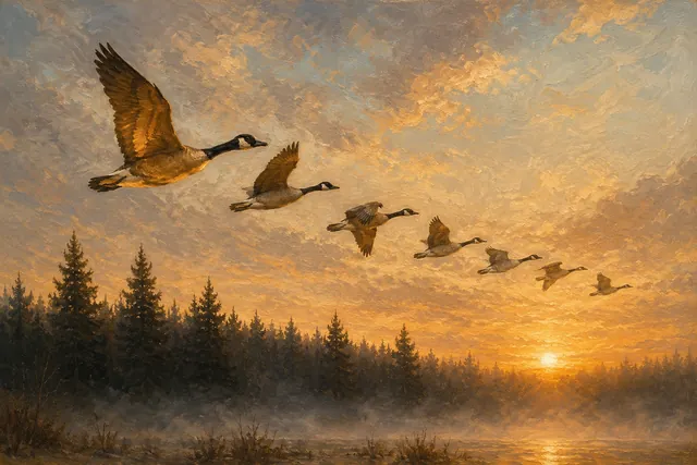 Morning Honkers Over Timberline, oil-painting-style print