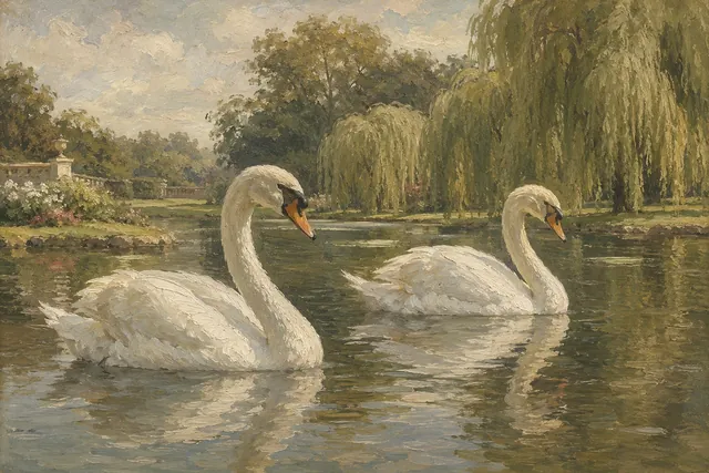 Mute Swan Pair in Garden Lake - framed wetland bird print