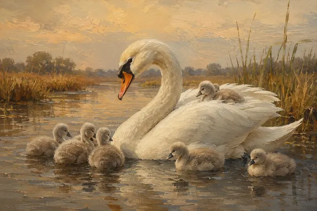 Mute Swan with Cygnets, oil-painting-style print