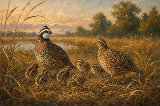 Northern Bobwhite Family Covey, oil-painting-style print