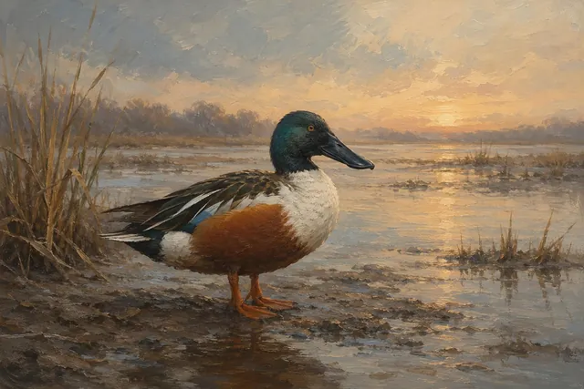 Northern Shoveler Drake in Reeds, oil-painting-style print