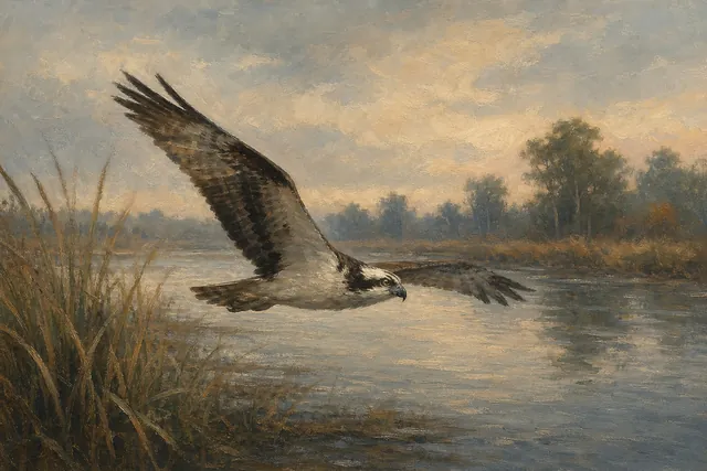 Osprey Over Wetland Water, oil-painting-style print