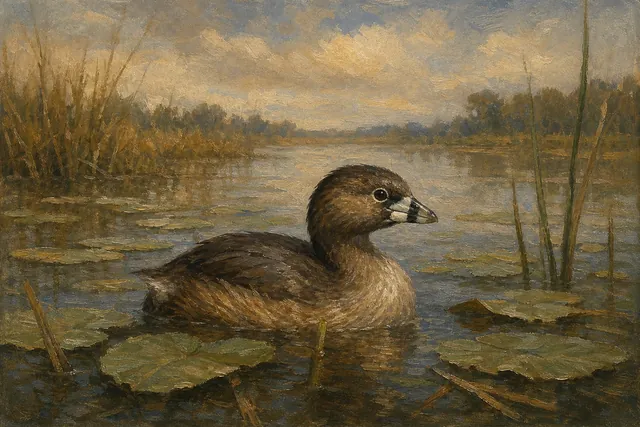 Pied-billed Grebe in Lily Pads, oil-painting-style print