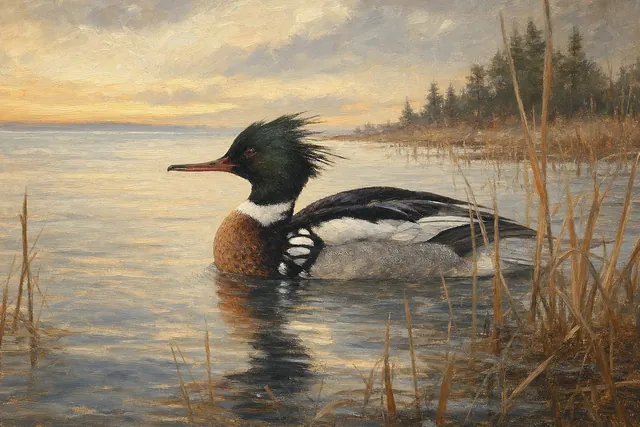 Red-breasted Merganser on Coastal Water, oil-painting-style print