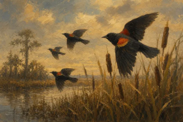 Red-winged Blackbirds Over Cattails, oil-painting-style print