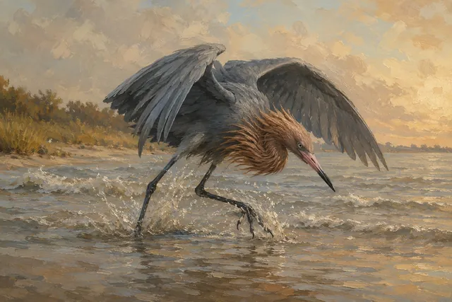 Reddish Egret Dancing in Surf, oil-painting-style print