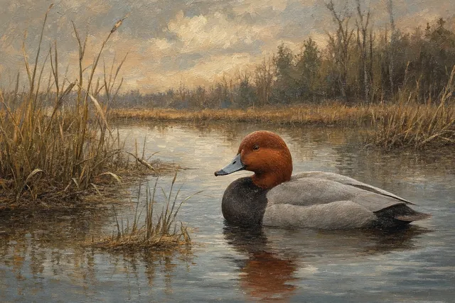 Redhead Drake on Winter Water, oil-painting-style print