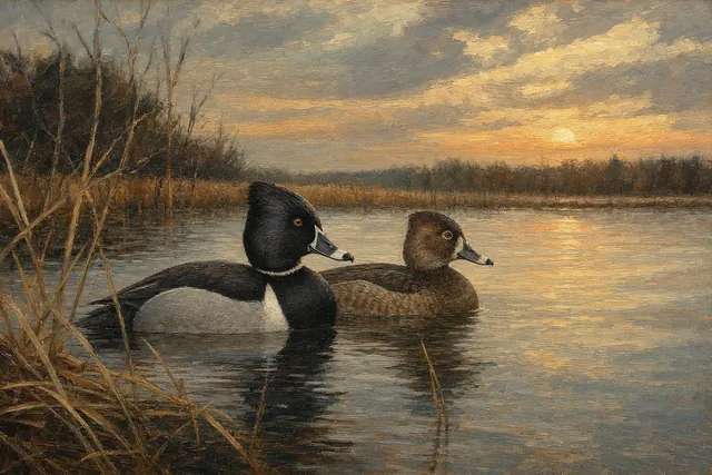 Ring-necked Duck Pair at Dusk, oil-painting-style print