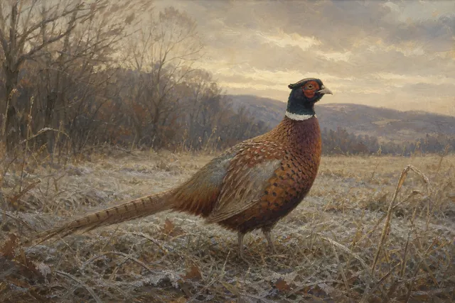 Ring-necked Pheasant in Frosted Field, oil-painting-style print