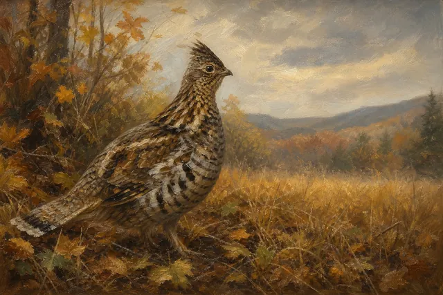 Ruffed Grouse in Golden Woodland Edge, oil-painting-style print