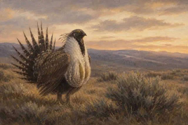 Sage Grouse in Western Dawn, oil-painting-style print