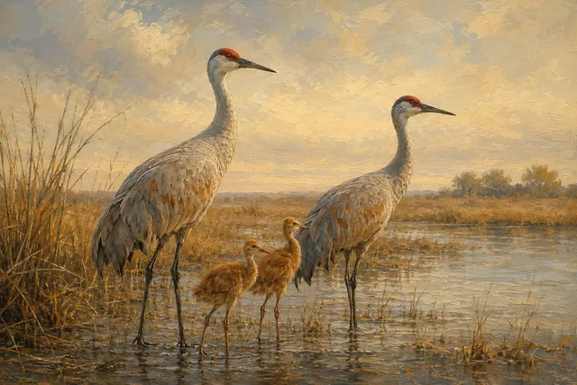 Sandhill Crane Family in Prairie Wetland, oil-painting-style print
