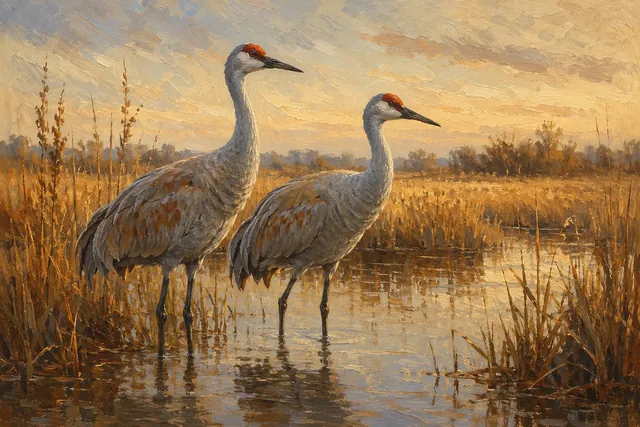 Sandhill Crane Pair in Golden Marsh, oil-painting-style print