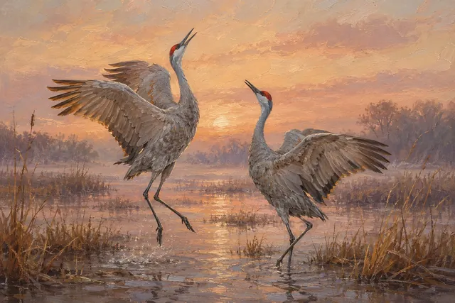 Sandhill Cranes Dancing at Dawn, oil-painting-style print