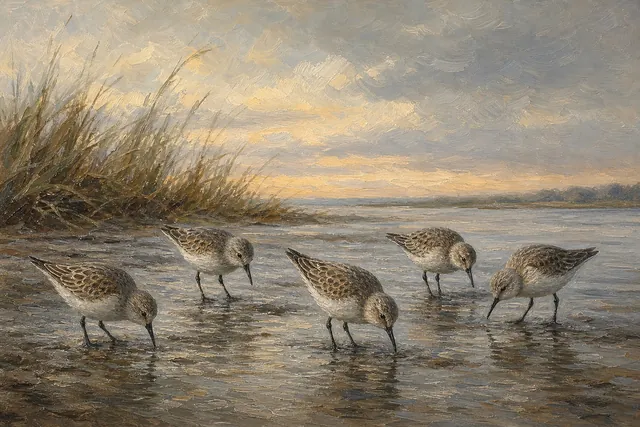 Semipalmated Sandpipers on Tidal Flat, oil-painting-style print