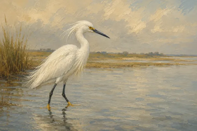 Snowy Egret in Shallow Tidewater, oil-painting-style print