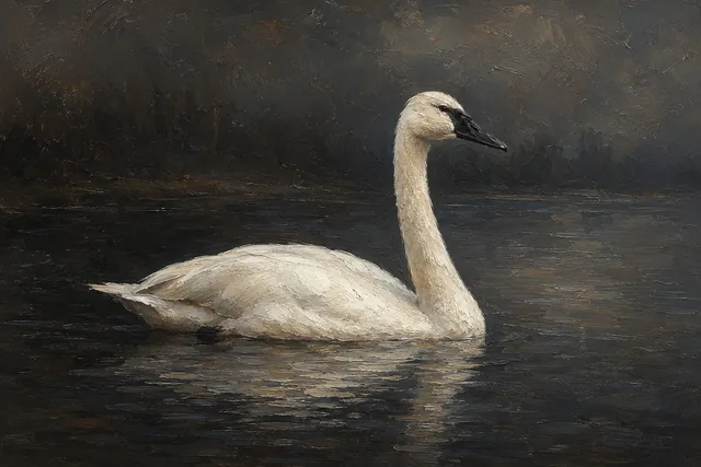 Swan on Dark Lake Study, oil-painting-style print