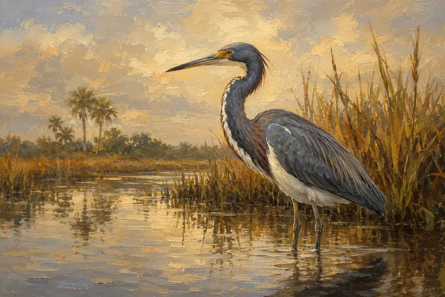 Tricolored Heron in Southern Marsh, oil-painting-style print