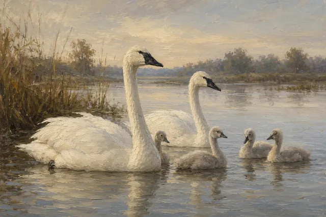 Trumpeter Swan Family with Cygnets, oil-painting-style print