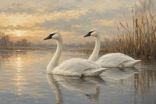 Trumpeter Swan Pair on Still Water, oil-painting-style print