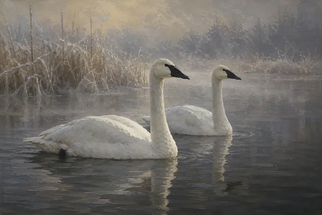 Trumpeter Swans in Winter Mist, oil-painting-style print