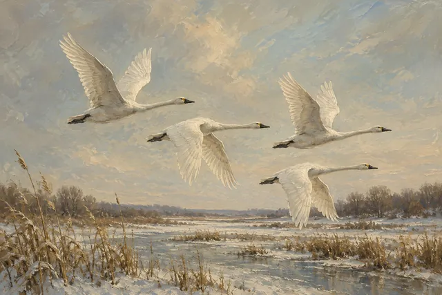 Tundra Swans Over Snow Marsh, oil-painting-style print