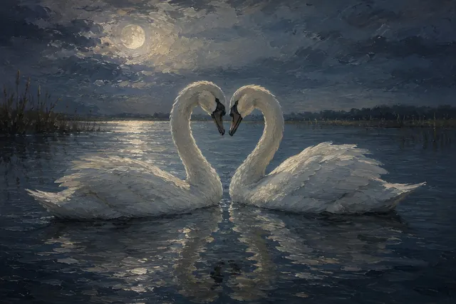 Two Swans in Moonlit Water, oil-painting-style print