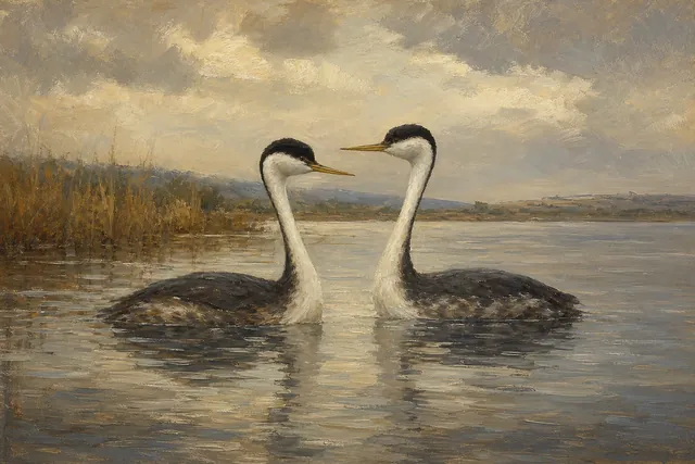 Western Grebe Pair Courtship, oil-painting-style print