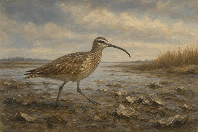 Whimbrel at Low Tide, oil-painting-style print